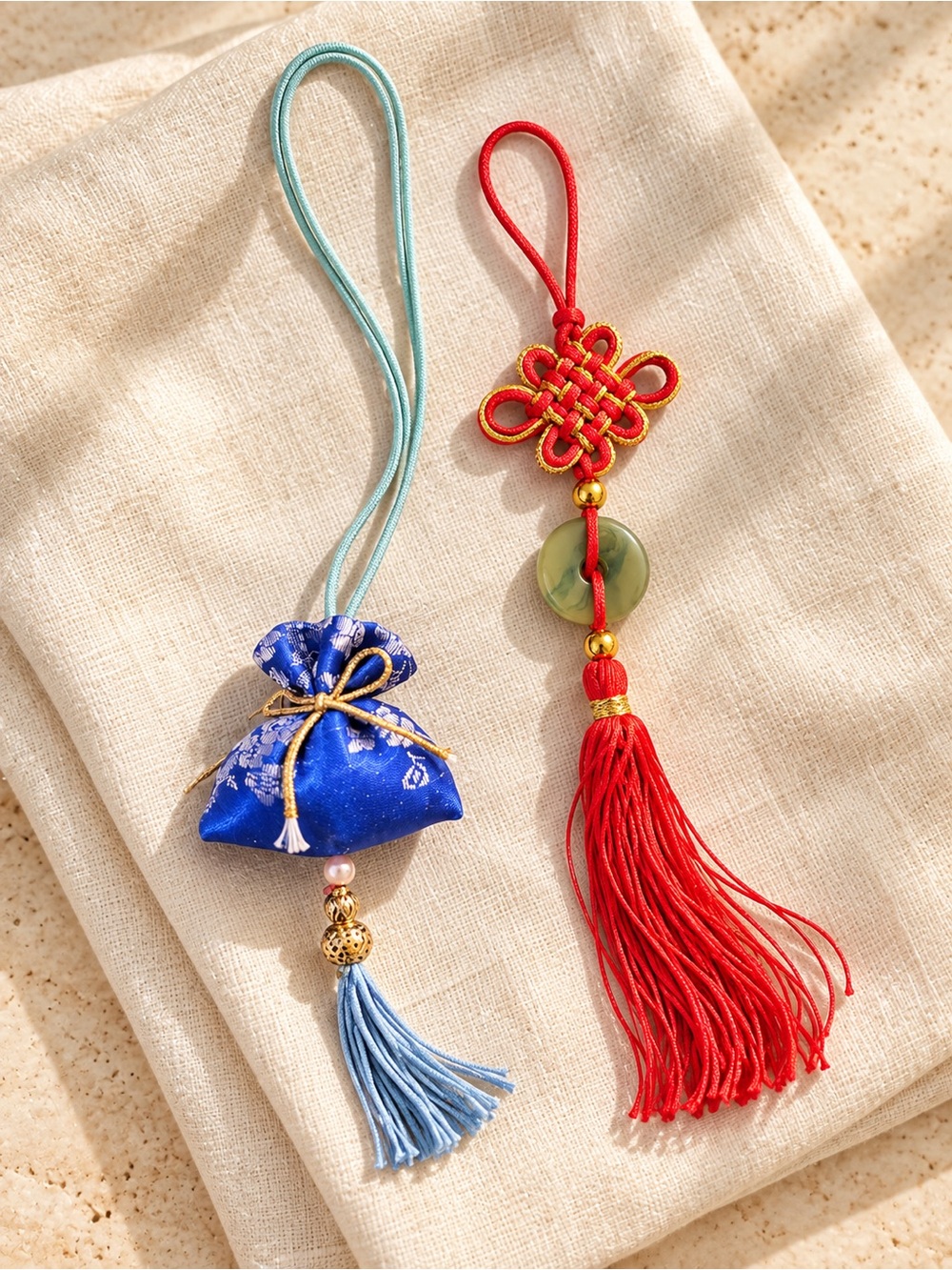 Chinese Hanging Charm Set Blue Brocade Pouch & Red Knot Tassel
